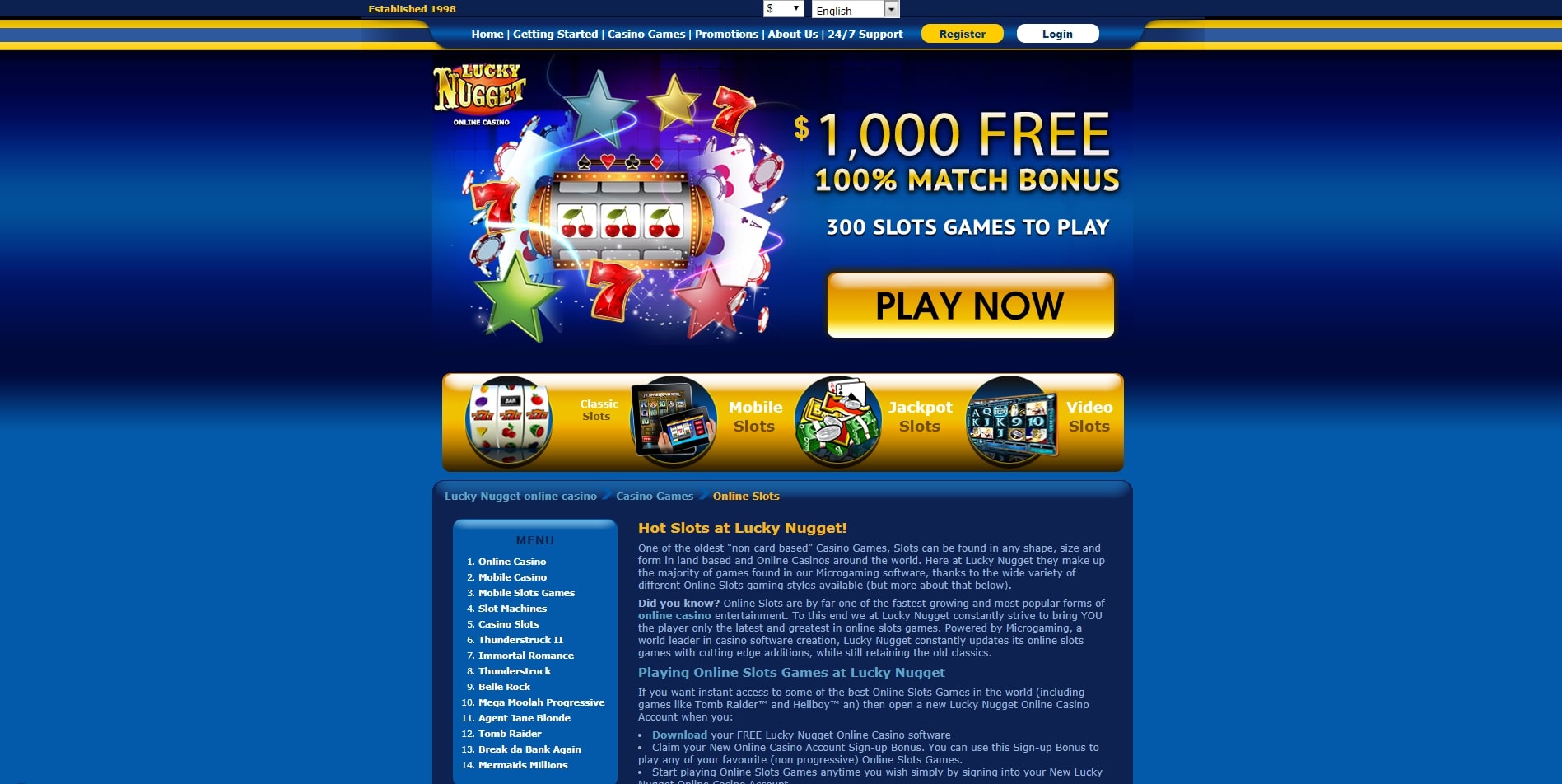 Belle Rock Slots es un sitio web sobre casinos. Captura de pantalla