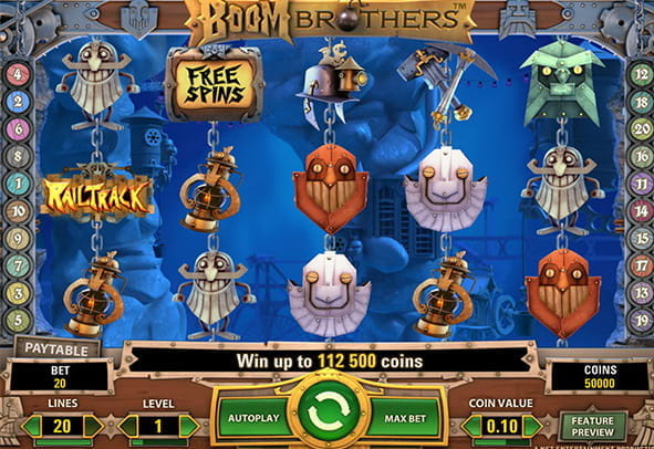Boom Brothers is een online gokkast die is ontwikkeld door NetEnt. Dit spel neemt je mee naar een mijnwerkerswereld vol actie en avontuur. Met spannende features zoals wilds, scatters en bonusspellen, zorgt Boom Brothers voor een geweldige spelervaring. Screenshot