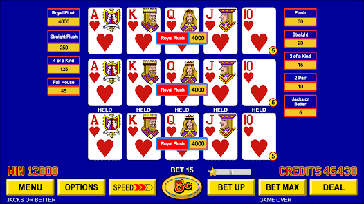 Klasyczny Jacks or Better Video Poker. Zrzut ekranu