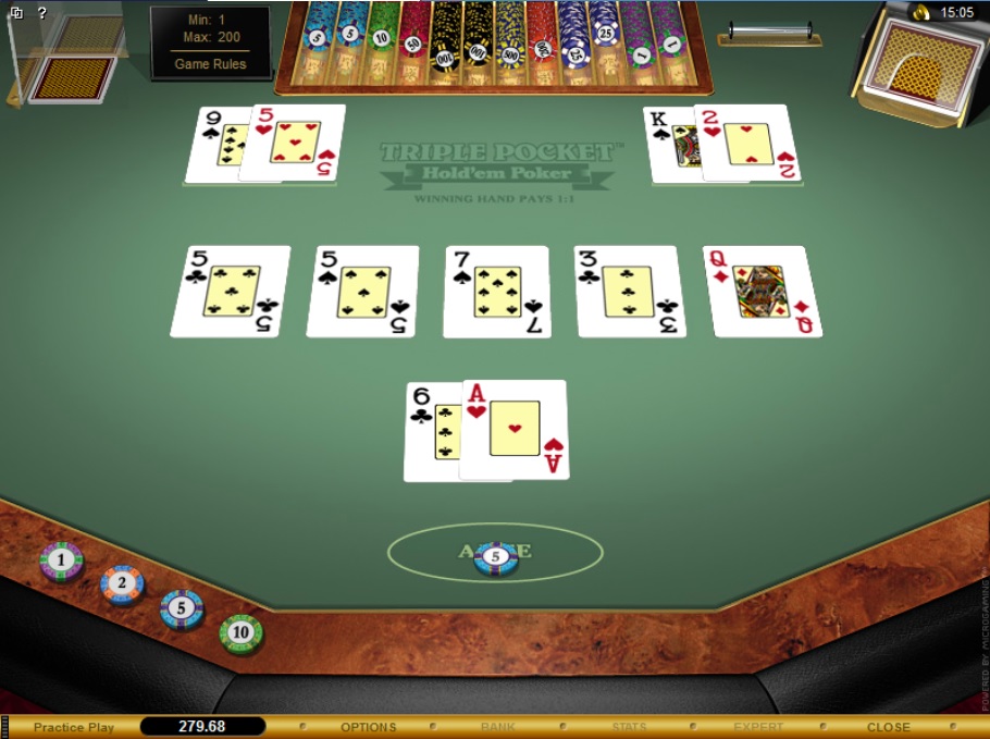 Triple Pocket Hold'em Poker to gra karciana, w ktÃ³rej gracze rywalizujÄ…, aby zdobyÄ‡ jak najwyÅ¼sze kombinacje kart. Zrzut ekranu