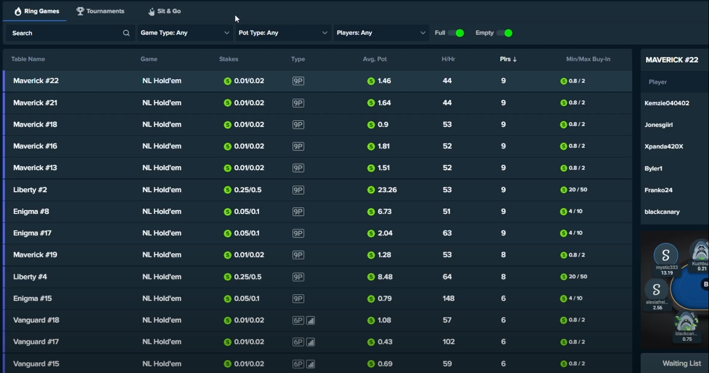 screenshot Poker Stake Lobby